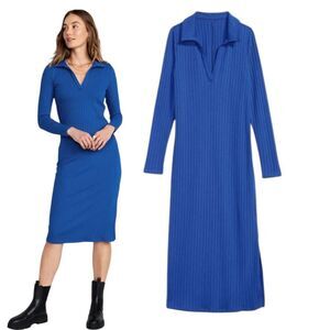 Cobalt Blue Cotton Blend rib-knit fitted midi polo sweater dress size L Tall